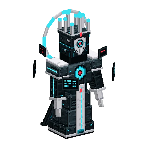 THE DIRECTOR: a tall robed machine with a white mask, one red eye and a crown of antennae, floating screens at its shoulders