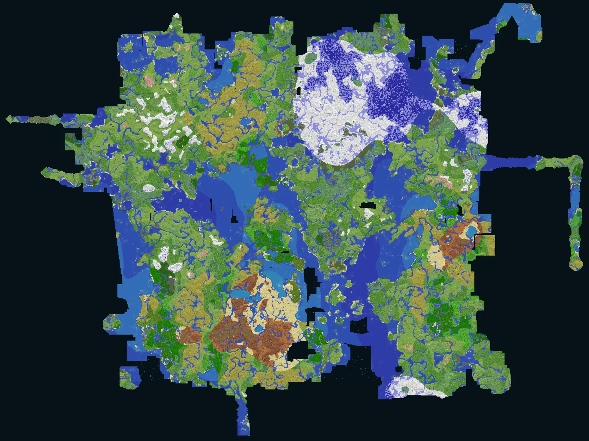 Top-down render of the whole explored survival world: green continents, a snowfield in the north, badlands in the south, oceans and rivers