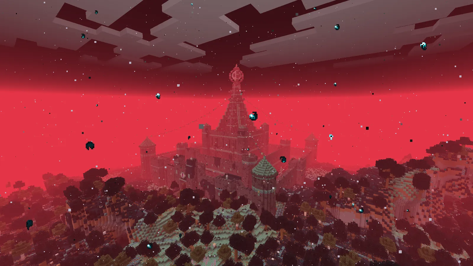 In-game screenshot: the Director's citadel on a ridge, a spire with a glowing eye rising from a keep inside two rings of walls, everything in a red haze under a black sky