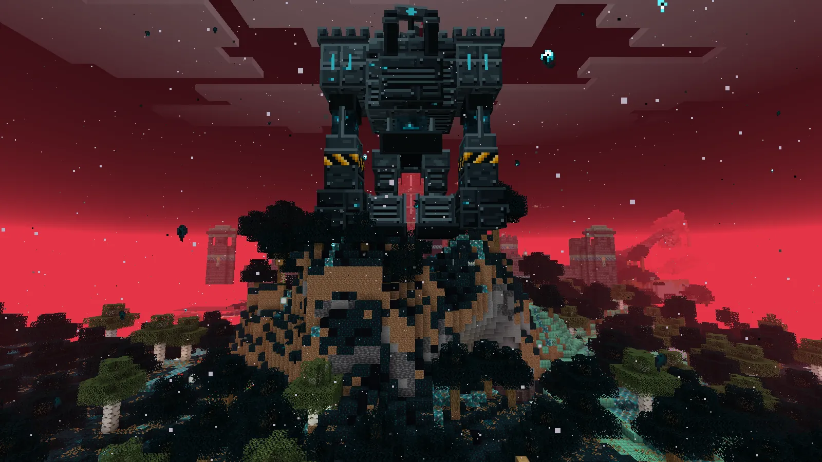 In-game screenshot: Colossus Prime, a machine as tall as the trees are small, standing on a hill with the citadel's towers behind it