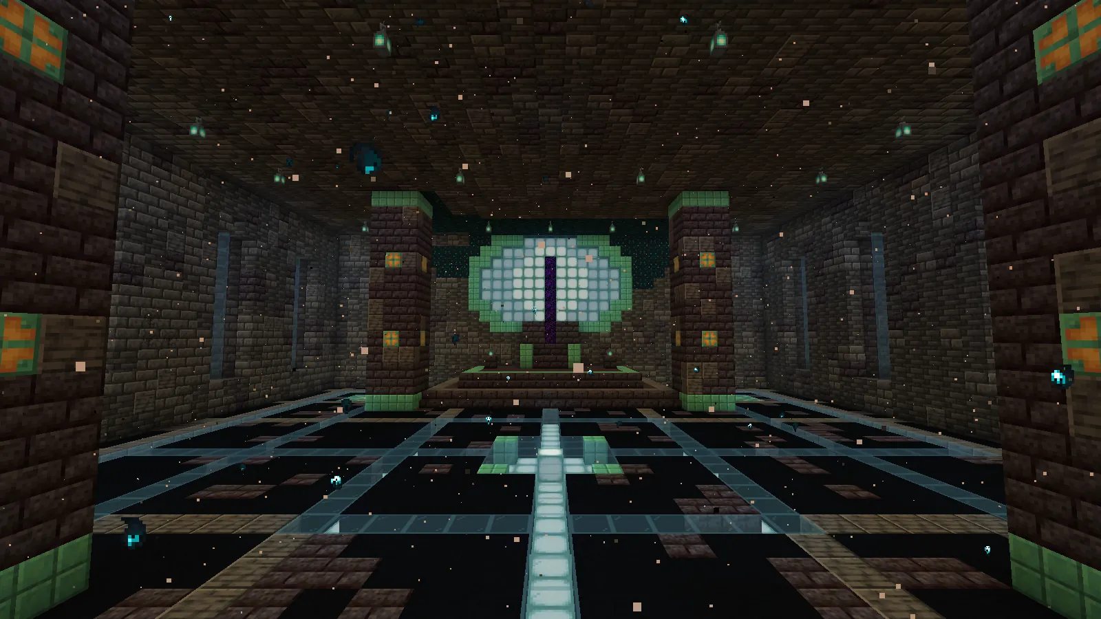 In-game screenshot: the throne room, a dark hall with a glowing circuit floor leading to a dais under a huge eye mural